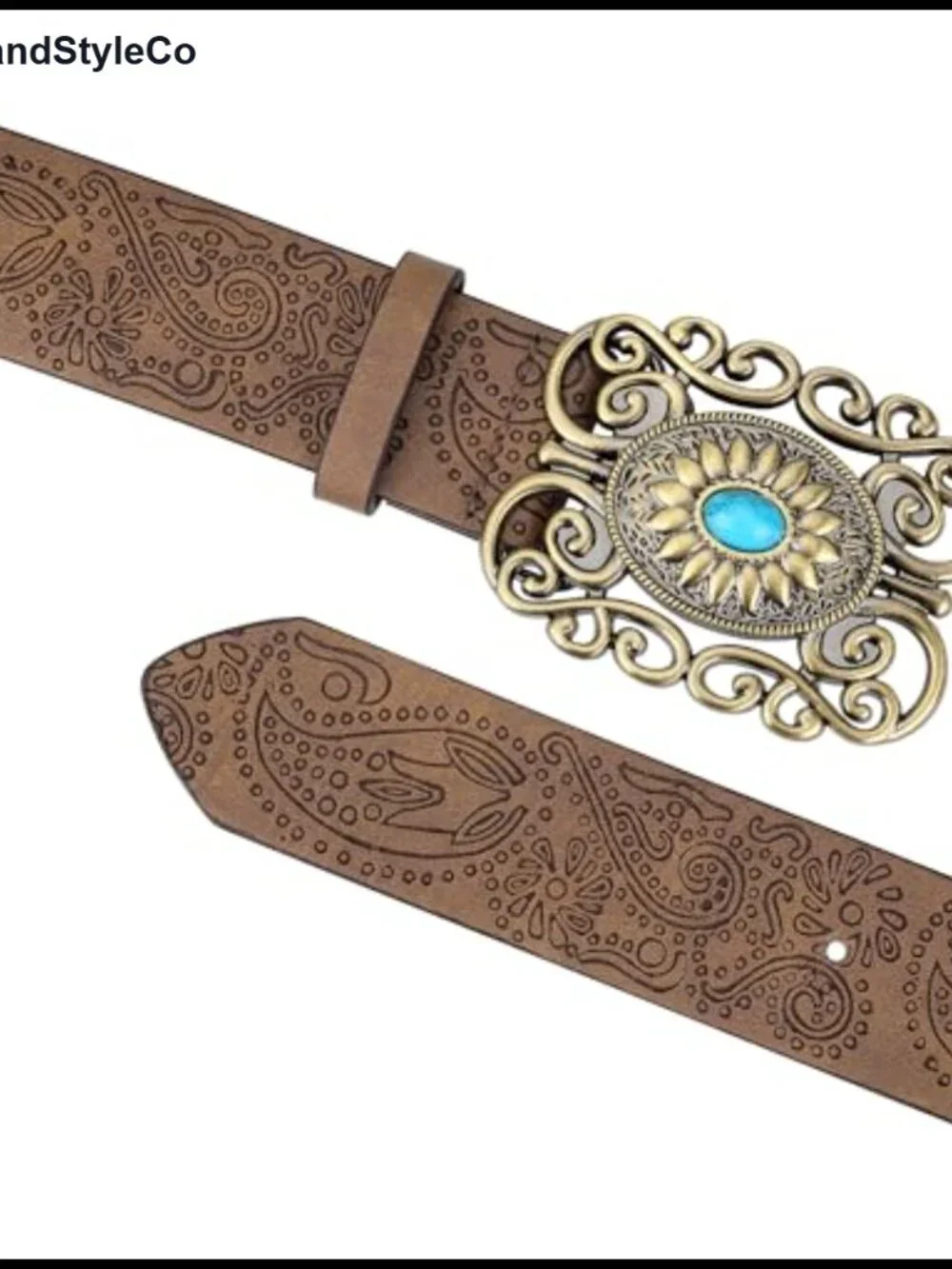 Vintage Western Leather Belt Floral Turquoise Buckle Faux Leather